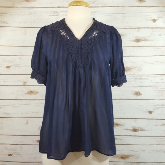 Marc Jacobs | Sheer Navy Silk Lace Pleated Blouse - Picture 1 of 7